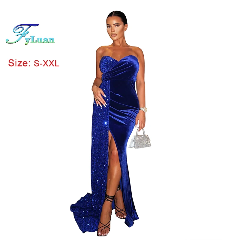 우아한 반짝 이는 여성 Bodycon 긴 드레스 섹시한 백 레이스 하이 웨이스트 스팽글 스플 라이스 Strapless 벨벳 인어 패키지 힙 스커트