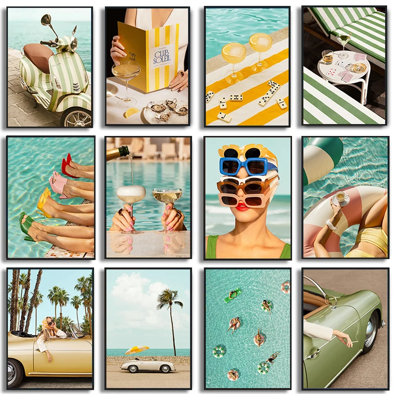 Summer Sunshine Beach Woman Surf Swimming Palm Trees Sea View Poster Travel Canvas Paintings Wall Art Pictures Home Decor