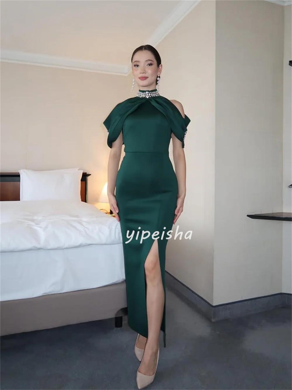 Customized High Quality Classic Charmeuse Rhinestone Pleat Mermaid High Collar Ankle Length Dresses Bespoke Occasion Dresses
