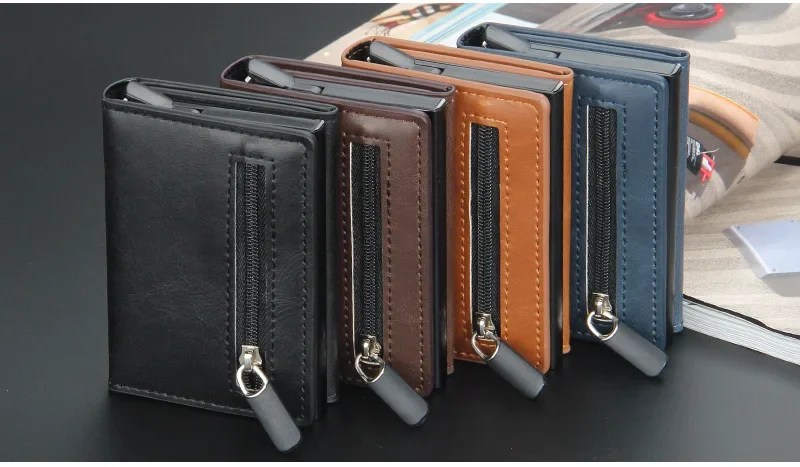 Magnetische RFID-blockierende Kreditkarteninhaber Männer Brieftaschen Anti-Diebstahl Aluminium Metall Pu Leder Kleine Pop-Up Brieftasche Karteninhaber Fall – Detail 11