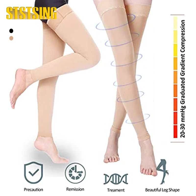 

STSTSING 1Pair Thigh High Footless Compression Sleeves with Silicone Band for Women & Men, Firm 20-30 mmHg Graduated Support