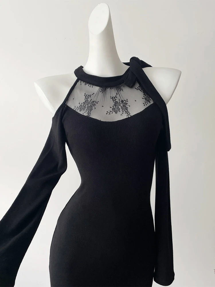 Feminino preto gótico bodycon vestido de noite vintage fora do ombro manga longa vestidos de luxo y2k uma peça vestidos 2000s roupas