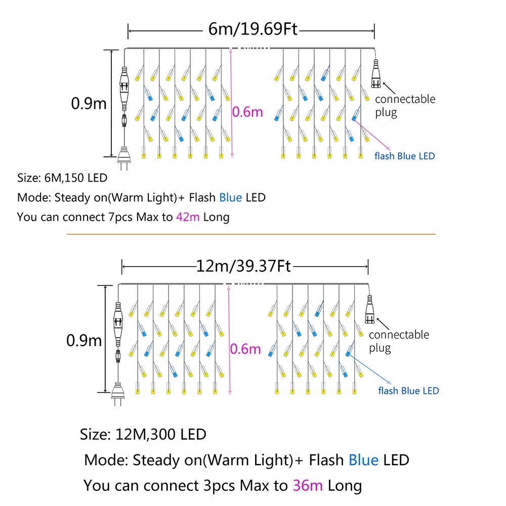 6m-12m LED Icicle Fairy Lights Outdoor String Lights Christmas Garland For New Year Party Wedding Patio Garden Decoration
