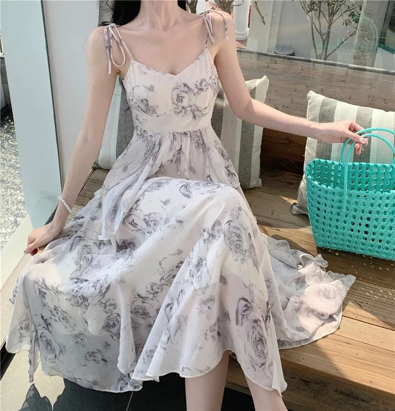 

Summer Vacation Printed Dress Women V-neck Spaghetti Strapped Elegance Clothing Female Ruffles Party Vestido Ladies