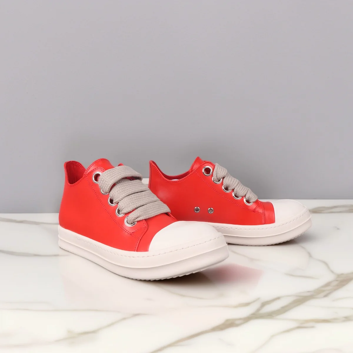 Men's Casual Genuine Leather Shoes Women Low Top Lace-Up Luxury Designer Yellow Orange Sneakers Wide Thick Shoelaces For Autumn