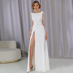 Customized Weilinsha Floor Length Side Slit Wedding Dress Lace Appliques Full Sleeves Bridal Zipper Back Court Train Gowns