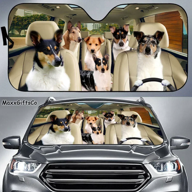 Smooth Collie Car Sun Shade, kaca depan Collie halus, kerai keluarga anjing, Aksesori Mobil anjing, dekorasi mobil, hadiah untuk ayah,