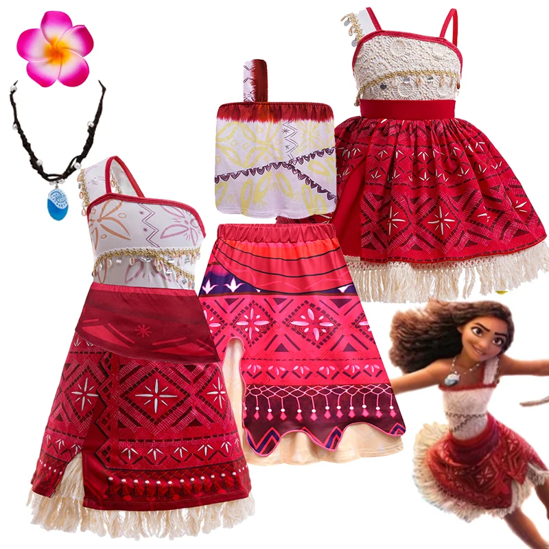 Película de Disney Moana 2 Vestido de princesa niña Cosplay Vaiana disfraz de un solo hombro Vestido de Halloween Vestido de fiesta de cumpleaños para niños ropa