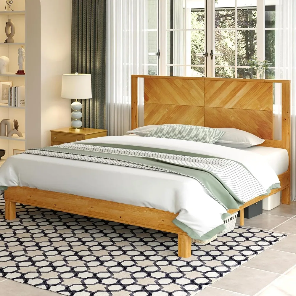 

Queen Solid Wood Bed Frame with Unique Pattern Headboard, Minimalism Style Platform Bed with Wood Slats Support, No Box Spring N
