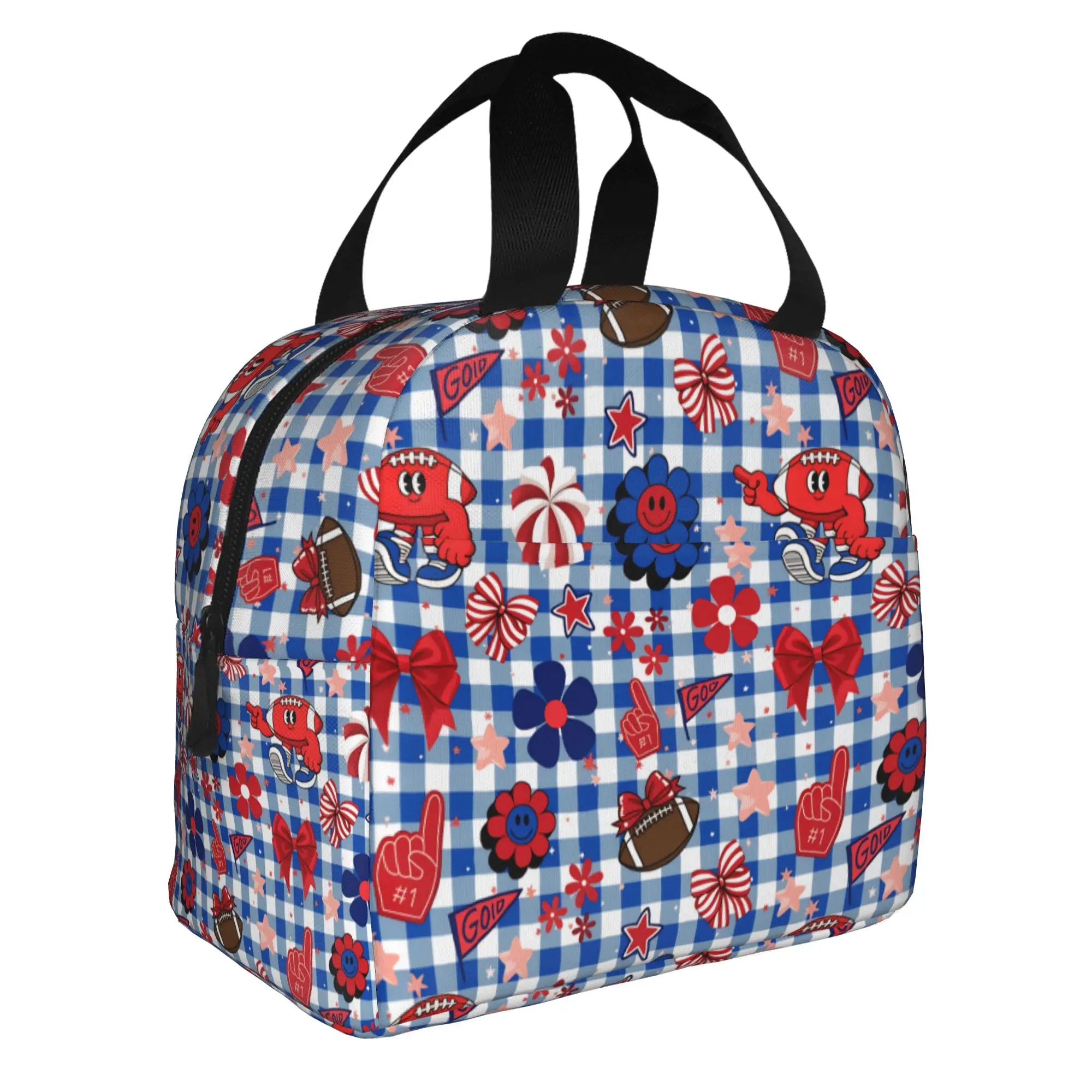 Gingham Plaid Rugby Union Cheer Bows Football Portable Lunch Boxes for Leakproof  Cooler Thermal Food Insulated Lunch Bag School