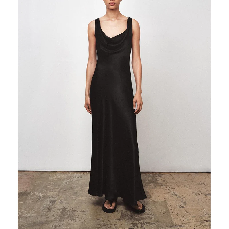 Novo Vestido Longo de Seda Satin para Mulheres, Estilo Saia em A, Decote Redondo, Psado, Cintura Alta, Sem Mangas, Adequad...