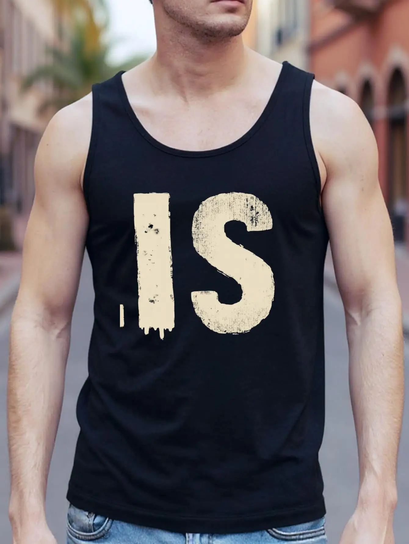 

Men's sleeveless vest - Heavyweight 100% pure cotton shirt, retro IS letter print, breathable and fitted muscle T-shirt
