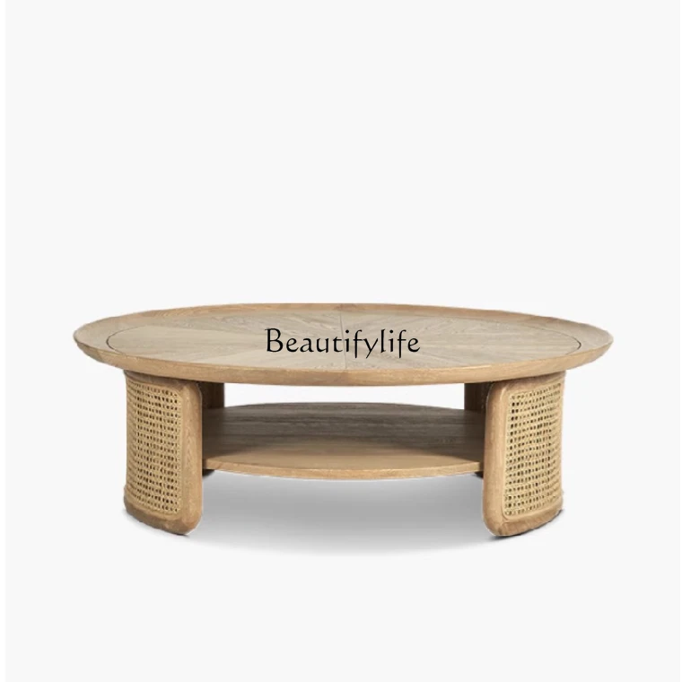 Nordic rattan coffee table American retro solid wood living room round table hollow
