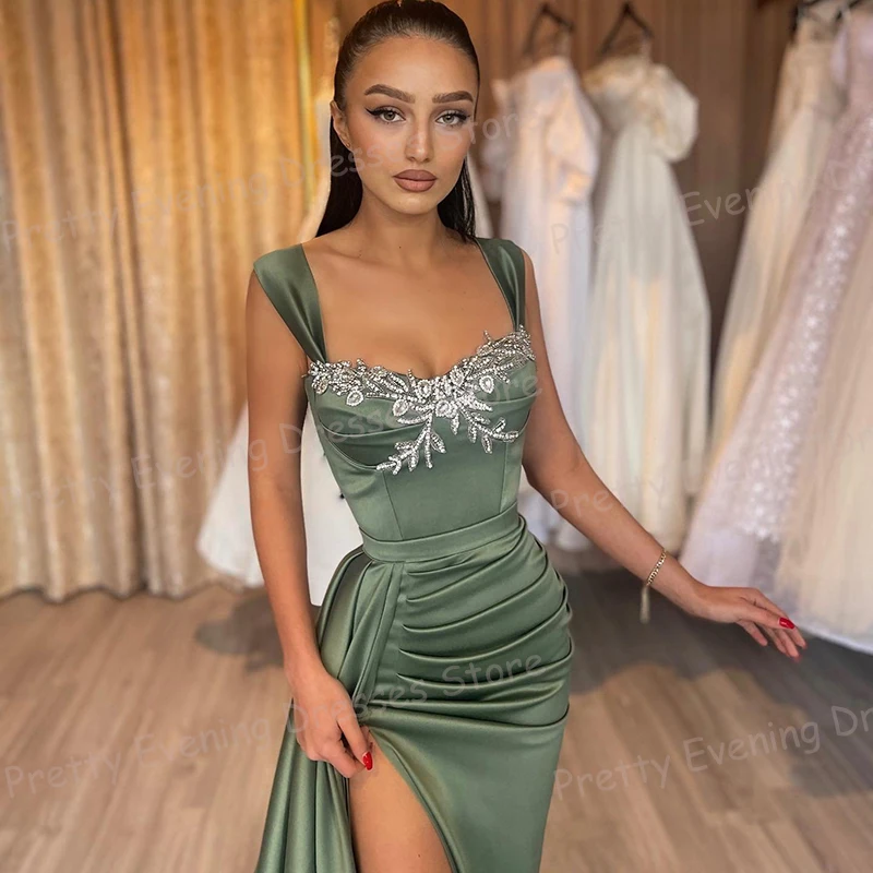 Simple Appliques Evening Dresses Mermaid Women's Sexy Boat Neck Prom Gowns Sleeveless Pleat High Split Fashion Party Vestidos