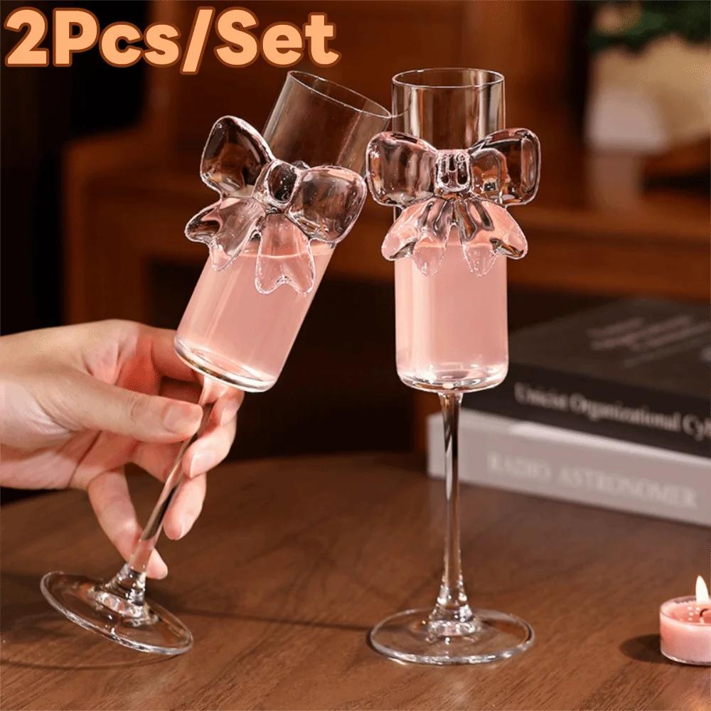 2 pieces Creative Clear Pink Bow Champagne Glass 3 D Bow 160 ML Champagne Flutes Ultra Thin Goblet Martini