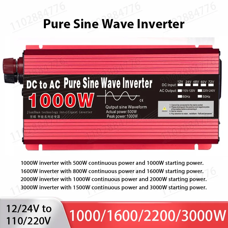 Pure Sine Wave Inverter 12V 24V 220V 110V 1000W 1600W 2200W 3000W Optional Portable Power Voltage Converter Car Solar Inverter