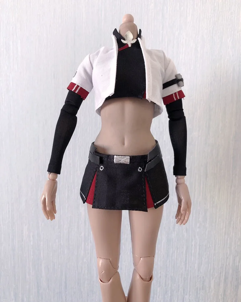 In Stock 1/6 Scale Female Warrior Battle Suit Slim Vest Shirt Slit Mini Skirt Set with Arm Oversleeve for 12