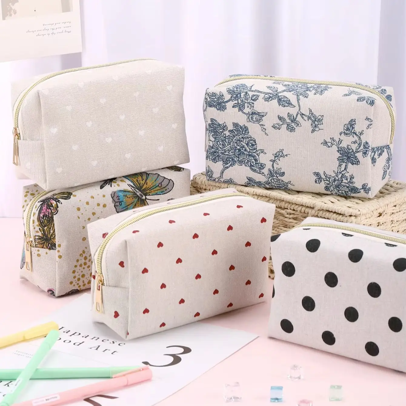 Cute Girly Student Pencil Case, Premium Linen Canvas Zipper Bag with Butterfly Floral Polka Dot Heart Print, Portable Stationery