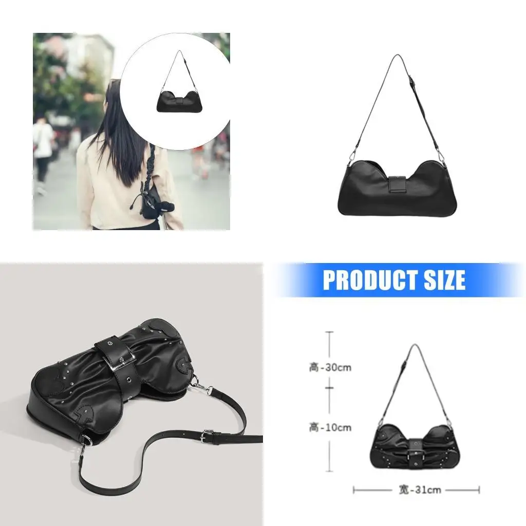 

D46D Women Trendy Crossbody Bag Bows Shoulder Bag Trendy Armpit Bag Stylish Motorcycle Bag PU Leather Underarm Bag
