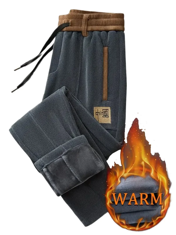 

Men's Winter Essential Corduroy Sweatpants Fleece-Lined Thick Plush Embroidered Drawstring Premium Warm Casual Trousers