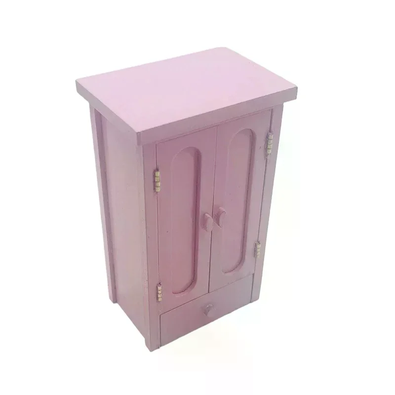 Dollhouse Bedroom Pink Mini Wooden Wardrobe Model Dollhouse Miniature Furniture Decor DIY Scene Accessories Toy