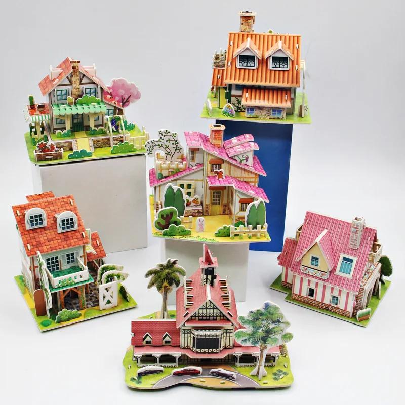 6 Pcs/Set Paper Card 3D Puzzle House Model Parent Child Interaction Creative Handmade DIY Puzzle