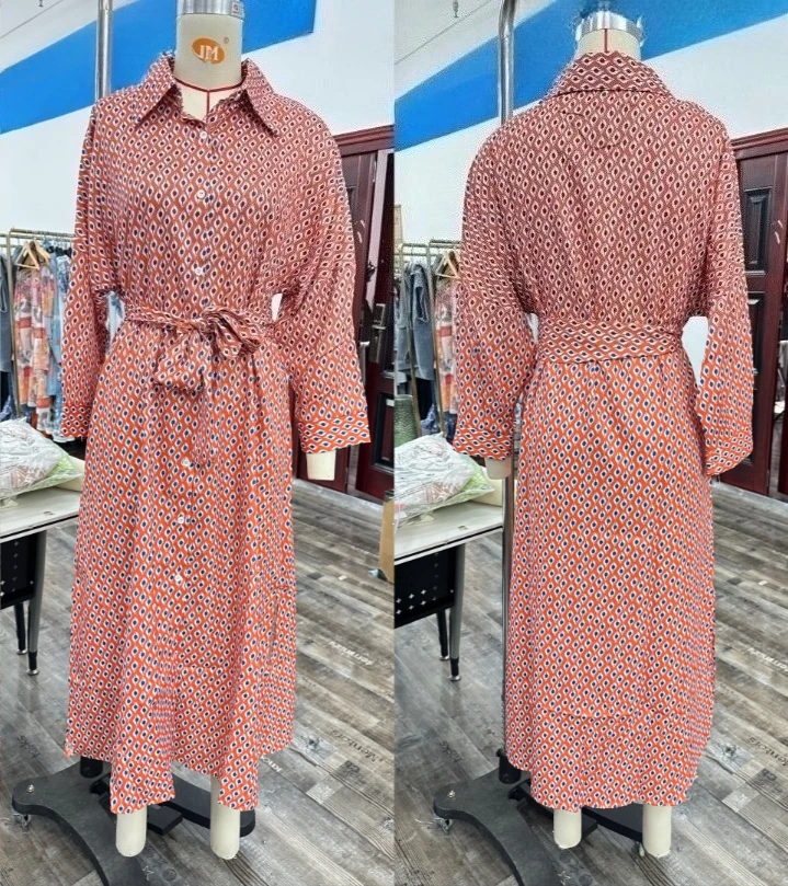 Abito camicia a maniche lunghe estivo Abito lungo con cintura elegante per donna 2025 Stampa di moda con bottoni Collo con risvolto Abiti casual Robe Femme