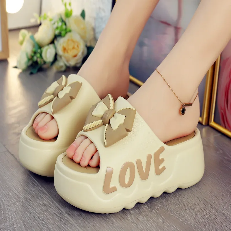 

New 2025 high heels 6.5cm slippers woman eva bow slides woman butterfly knot platform flat mules girls beach flip flops woman
