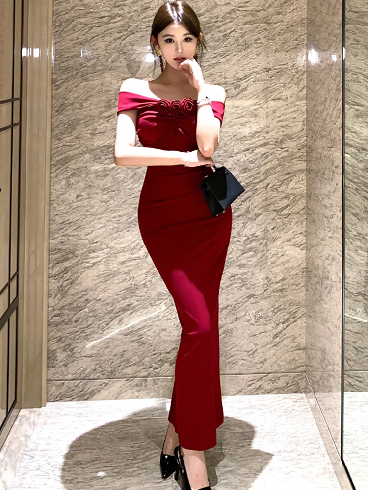 Women Red Pleated Bodycon Chic Flower Chest Wrapping Dress 2025 Korean Vintage Luxury Gown Summer Elegant Festival Evening Dress