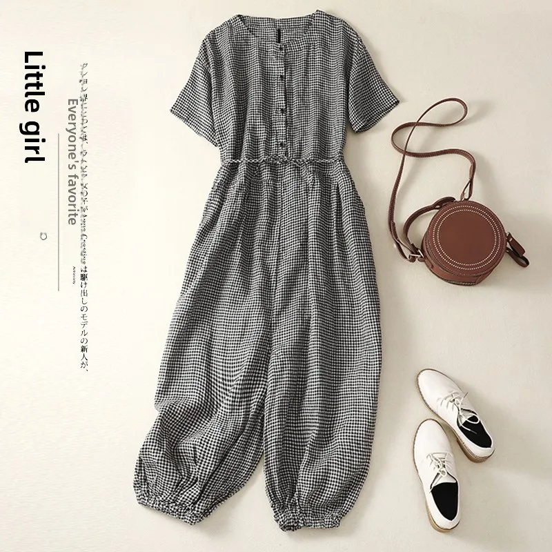 

Summer Plaid ort Sve Women's Waist Cinching Slimming Casual Workwear Overall Pants High Waist Nine Points