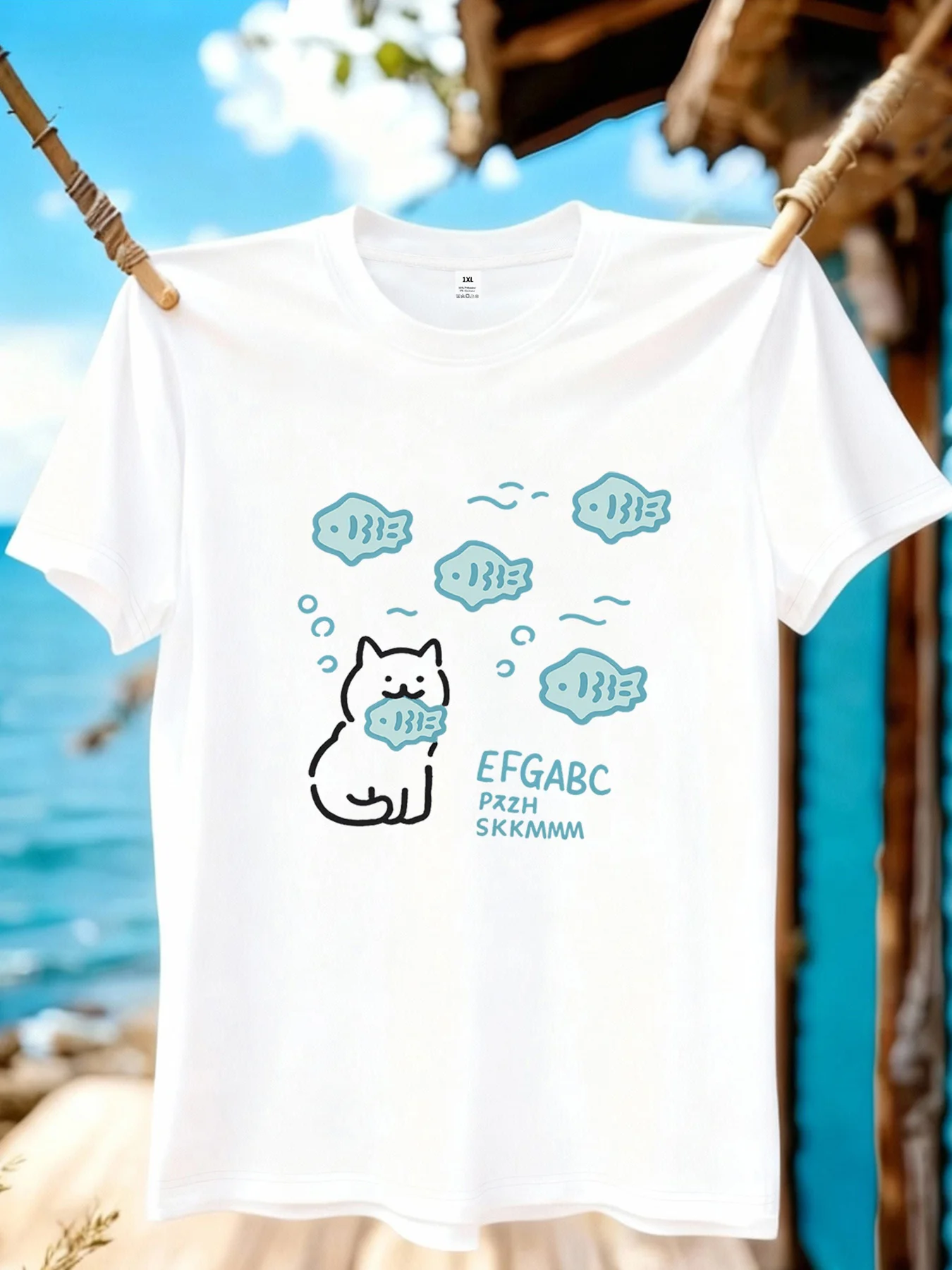 

【YJ01203】Женская футболка больших размеров с мультяшным принтом «Кот ест рыбу», летняя повседневная футболка с коротким рукавом, модная универсальная одежда