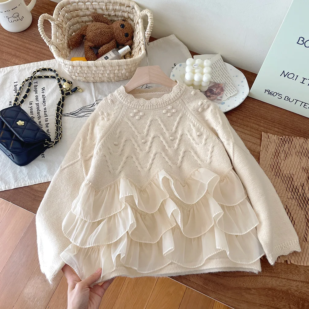 Girls Sweater Autumn Winter Children Knitted Lace Sweatshirts For Baby 1 To 7 Years Woolen Tops Clothes Kids Pullover Sweater