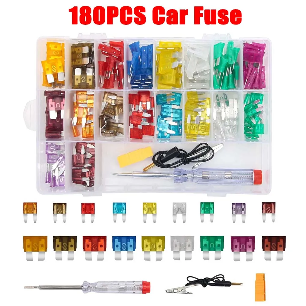 180PCS Standard Mini Size Aluminium Fuses Assortment Kit with Fuse Tester Fuse Puller Blade-Type Fuses Replacement Fuses 5A-40A