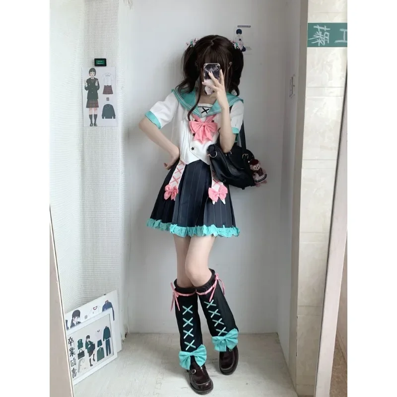 Original Kawaii Katze isst Fisch Matrosenanzug Top Rock Fliege Beinabdeckung Frauen japanische Mode Cosplay JK Anzug Schulkleidung