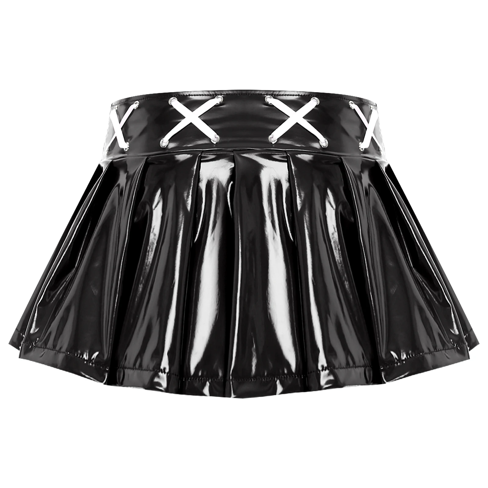 Womens Wet Look Mini Skirt Patent Leather Pleated Skirt Cross Lace-up Ribbon Invisible Zipper Rave Party Clubwear Stage Costume