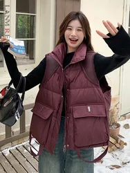 LANMREM Cotton Padded Vest Coats For Women Lapel Zipper Red Warm All Match Coats With Pocket 2024 Winter Female Clothing 2DB1202