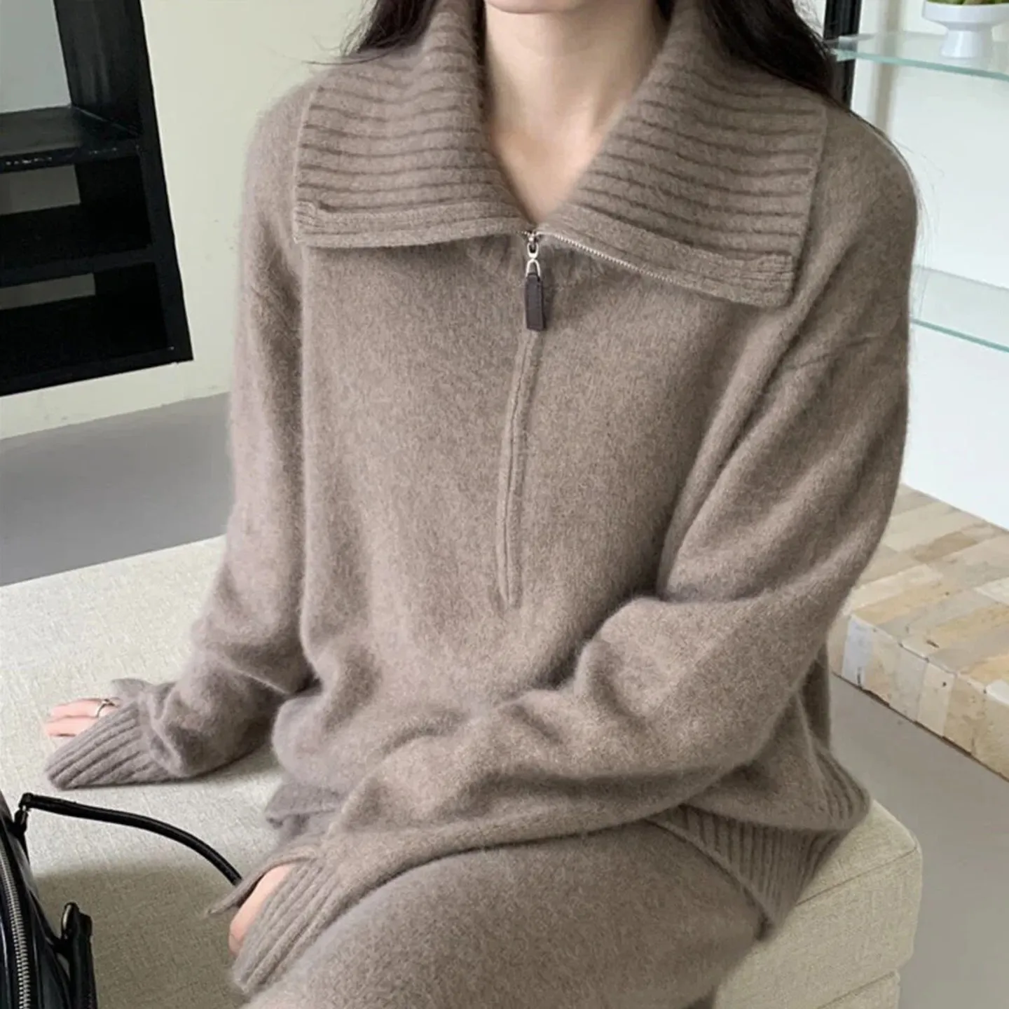 Half zip lapel 100% pure cashmere sweater for women's autumn and winter new style knitted thick sweater wool base top