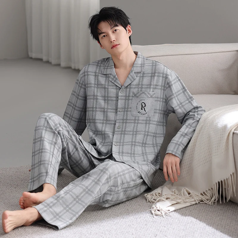 

Новейший весенне-осенний мужской пижамный комплект M-4XL, клетчатая пижама из 100% хлопка с отложным воротником