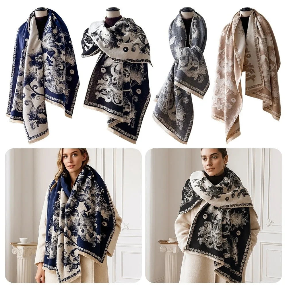 

Luxury Versatile Imitation Cashmere Scarf Windproof Warm Pashmina Blanket Scarves Thick Lotus Print Poncho Scarves for Women