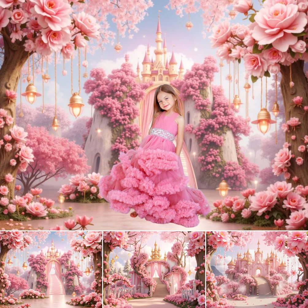 

MOON.QG Castle Pink Flower Garden Wonderland Birthday Baby Shower Party Decoration Backdrop Photography Photobooth Backgrounds