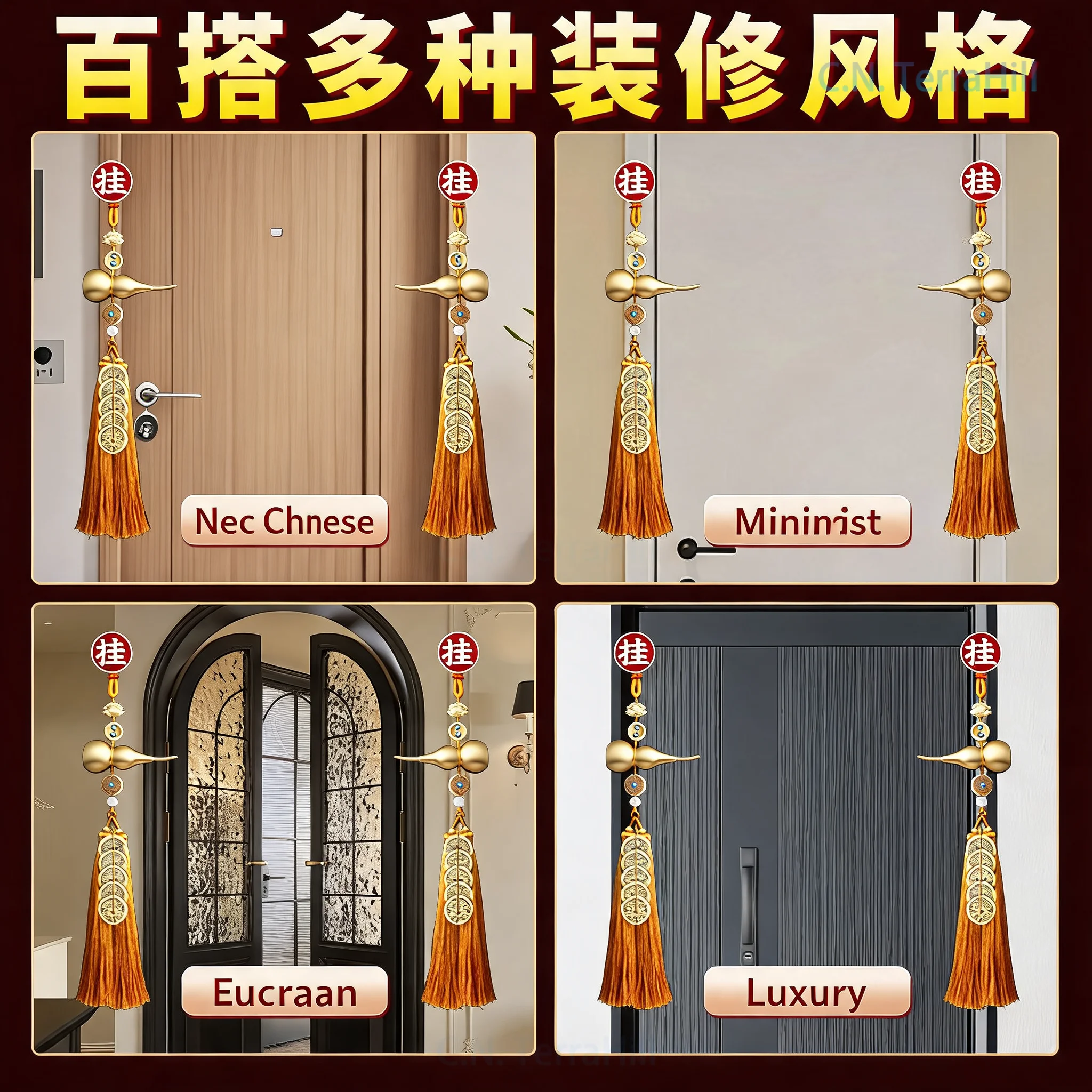 Five Emperor Coins Hanging Decoration with Gourd, Natural Copper Coins, Red Braided Rope, Lucky Knot for Door Entrance, Feng