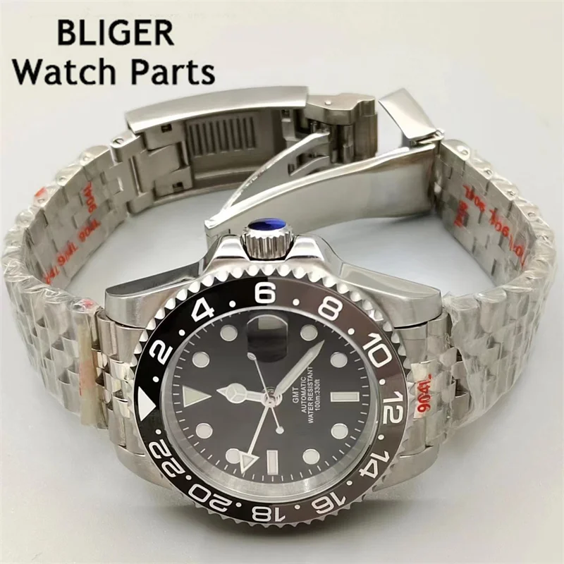 BLIGER 40mm GMT Men Mechanical Wristwatch NH34 Watch Sapphire Glass Ceramic Bezel Letters Black Dial Stainless Steel Bracelet