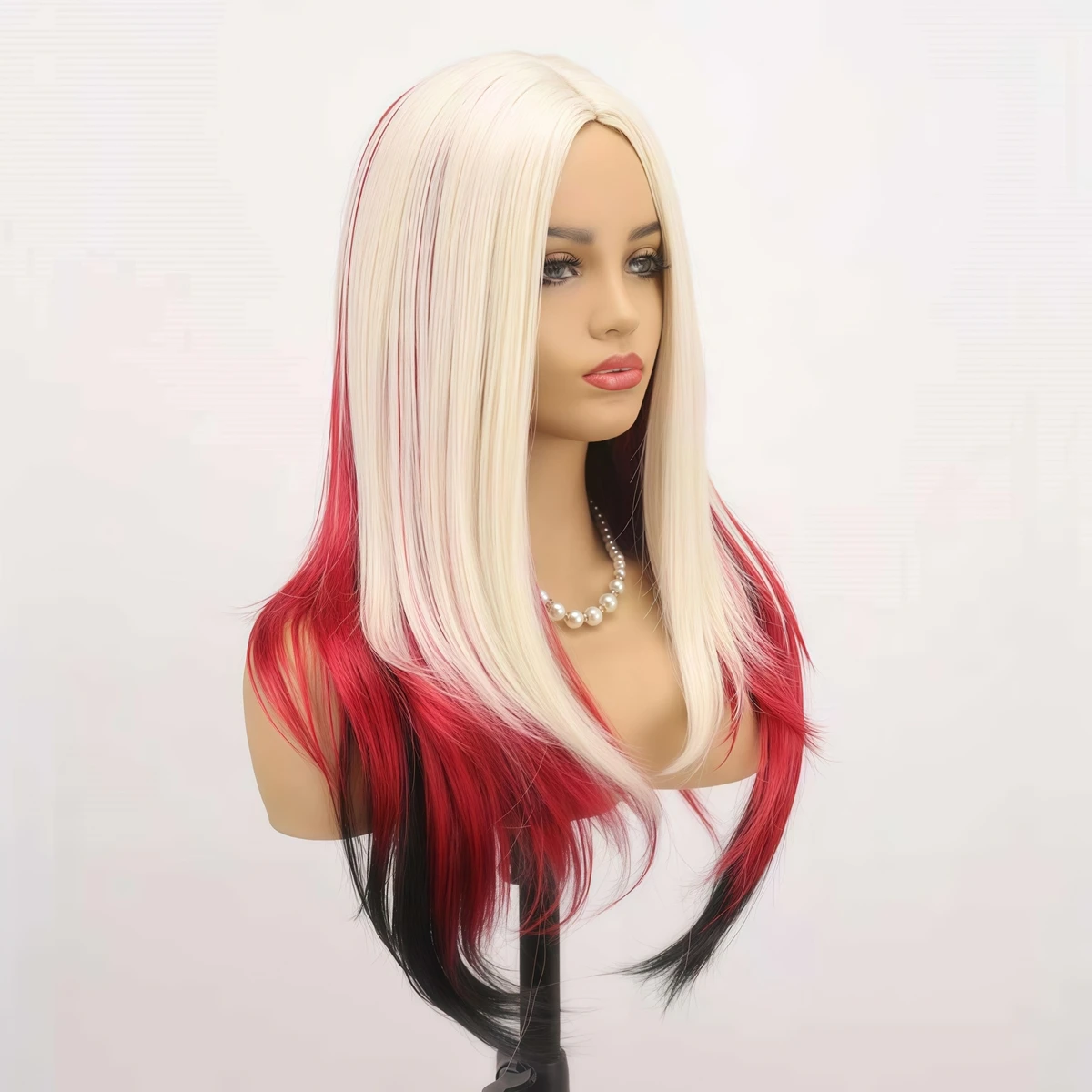 Red White Black Long Straight Synthetic Wig, 26 Inch Heat Resistant Cosplay Wig for Women Daily & Party
