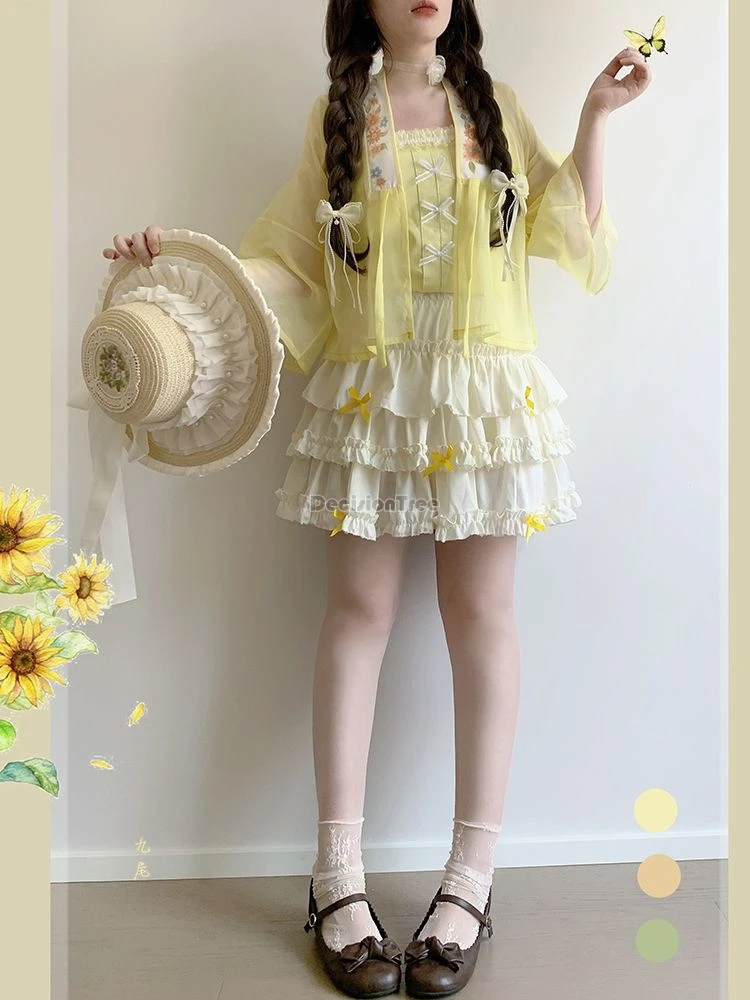 New chinese style women martial arts style retro stand collar vest loose casual skirt tulle shirt suit jk hanfu