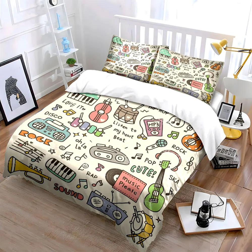 Hand-drawn music elements illustration Bedding Set for Kids Luxury Gift 3pcs Digital Print Comforter Set Soft Comfortable
