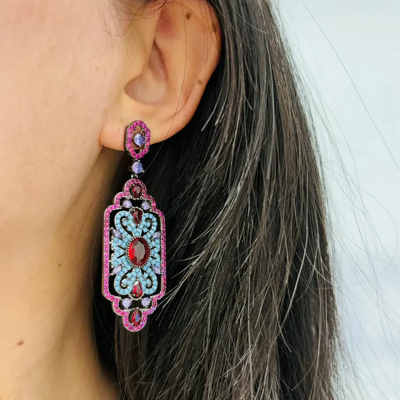 Bilincolor Luxury Elegant Red and Blue Geometric Earring for Women