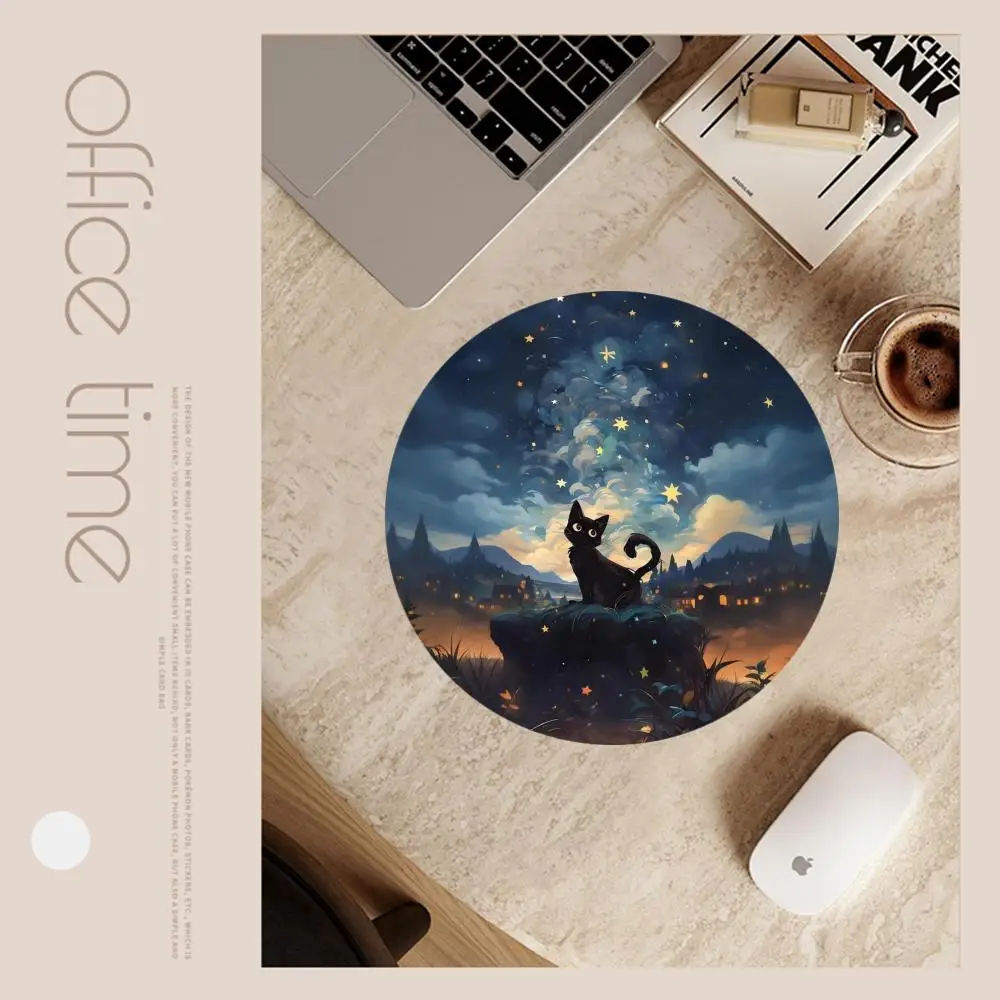 ليلة مليئة بالنجوم القط الأسود لوحة الماوس الدائرية فان جوخ حصيرة مكتبية كمبيوتر مكتبي لوحة المفاتيح ماوس لاسلكي صبي فتاة هدية للعب ga
