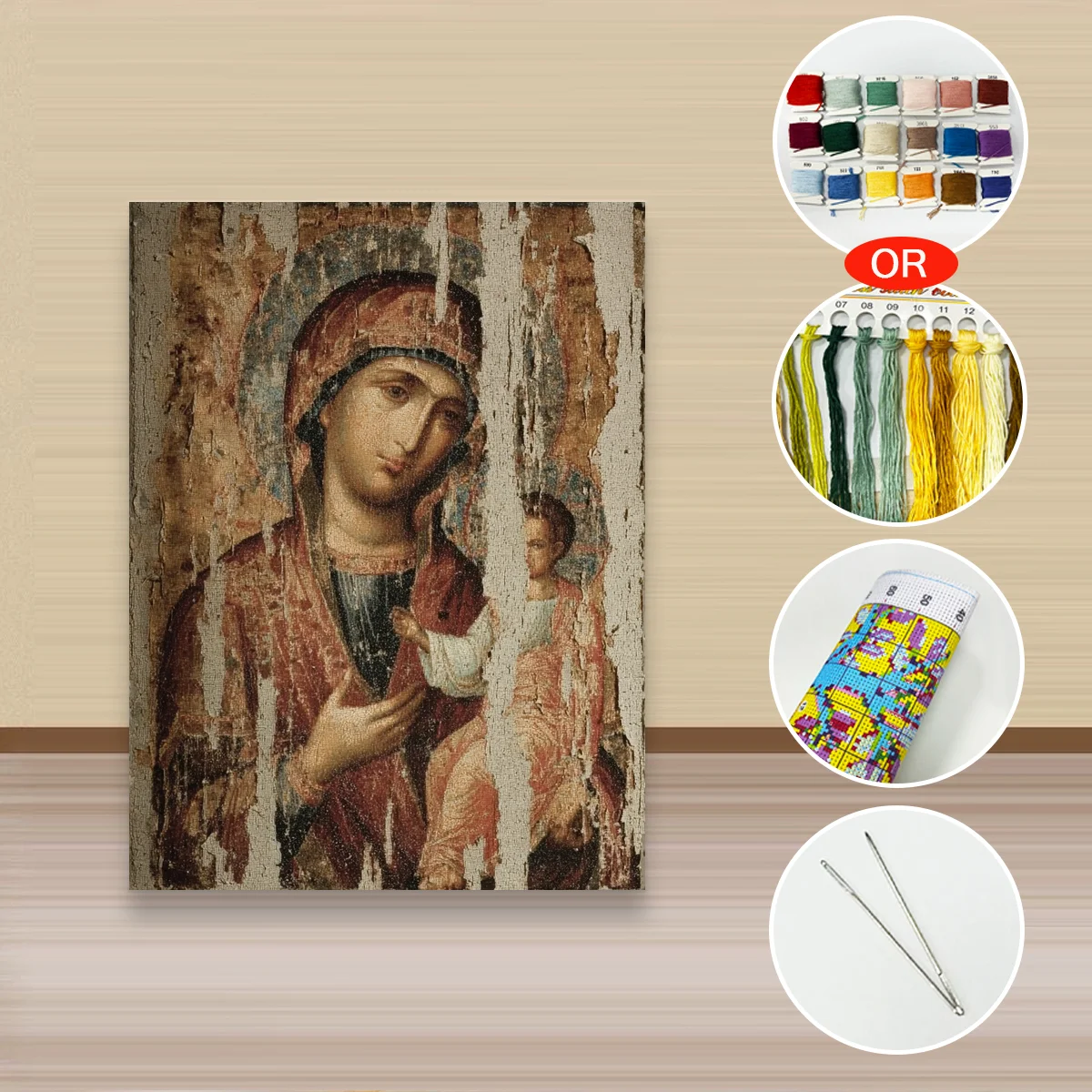 1 Stück 30x40cm/11,8x15,7 Zoll, 11Ct/14Ct Kreuzstich-Set, DIY Valentinstagsgeschenk, Stickerei-Set für Festivals, Antike Madonna und Chi – Detail 2