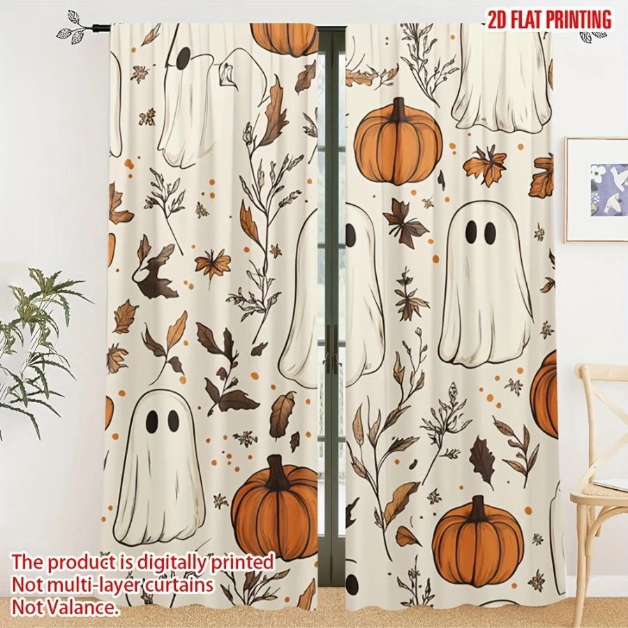 2PCS Digital Printed Curtains, Halloween Horror Pattern, Spooky Gothic Style Rod Pocket Drapes for Bedroom Living Room Decor