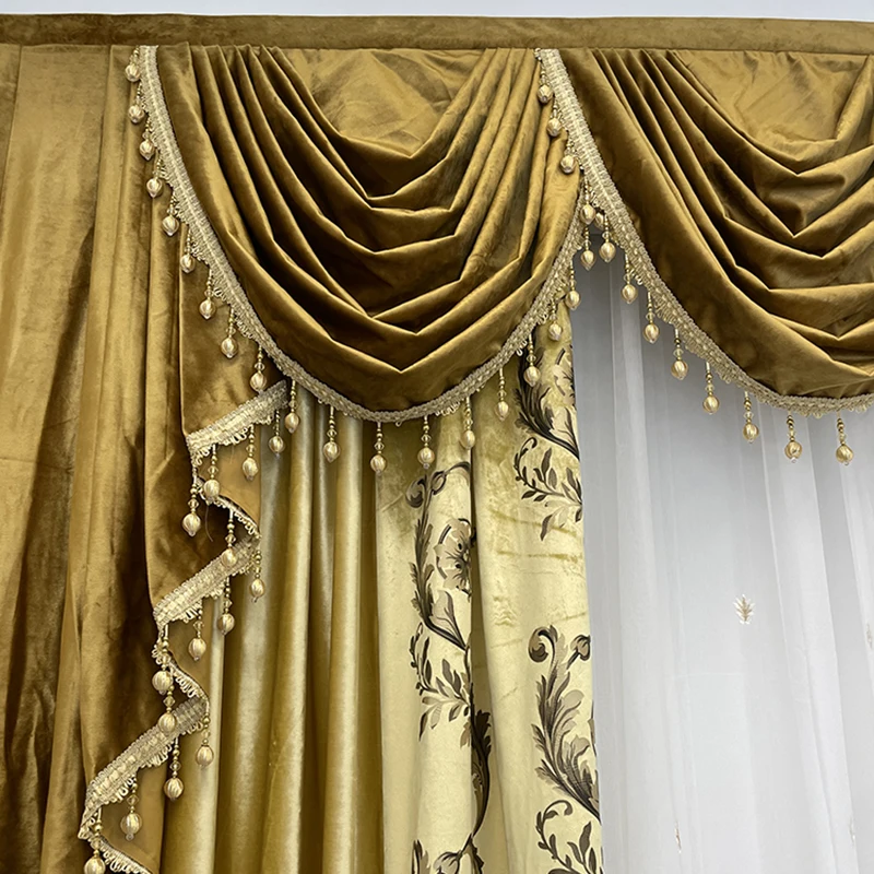 Custom European luxury living room bedroom flannelette gold yellow velvet cloth valance blackout curtain tulle drape C2005